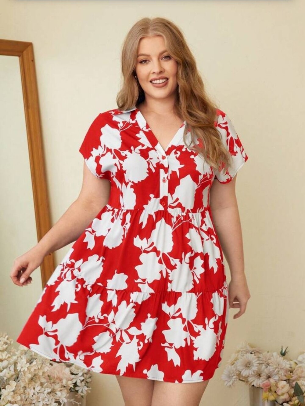 SHEIN Hot Pink and White Floral Tiered Shirt Dress